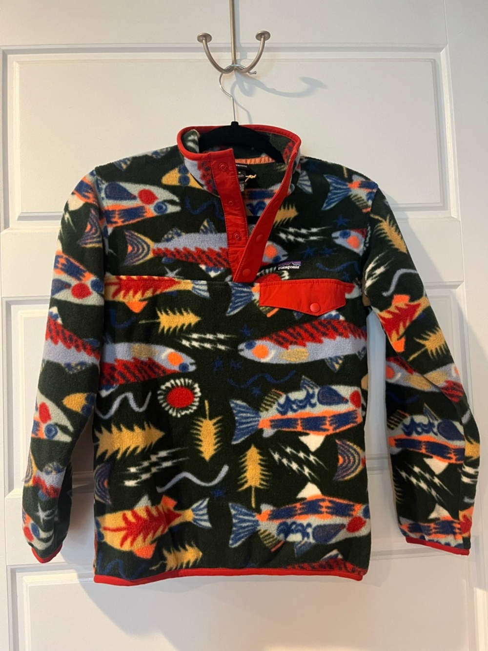 Kids M salmon energy Patagonia Fleece Pullover Jacket with Red Trim